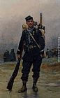 Jean Baptiste Edouard Detaille Canvas Paintings - Un soldat avec son equipement